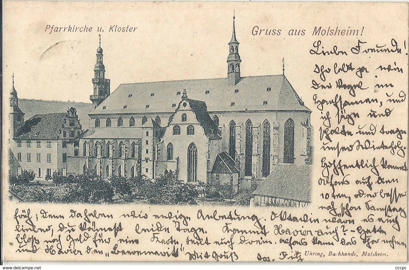 CPA Gruss aus Molsheim Alsace Allemande Pfarrkirche u. Kloster