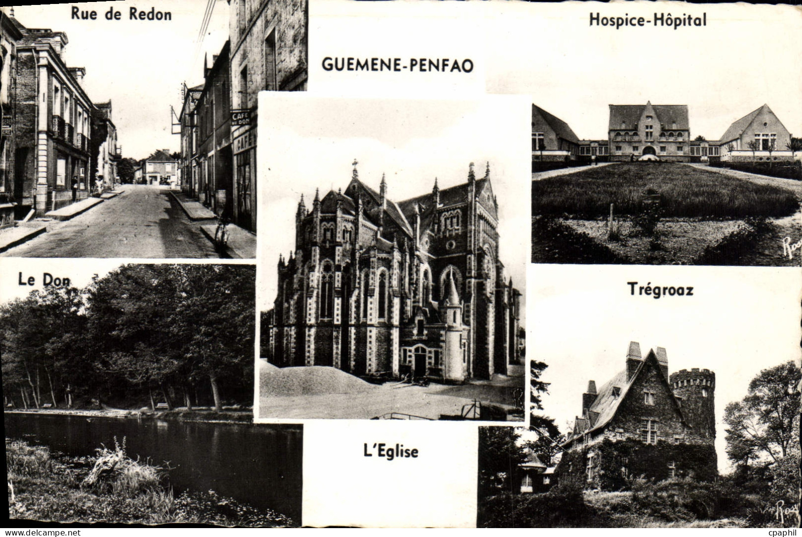 CPA Guemene Penfao église rue de redon hospice hopital Trégroaz