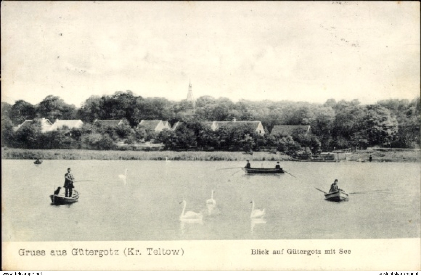 CPA Gütergotz Stahnsdorf Brandenburg, Blick auf Gütergotz mit See, Schwäne, Boote, ländliche Umgeb