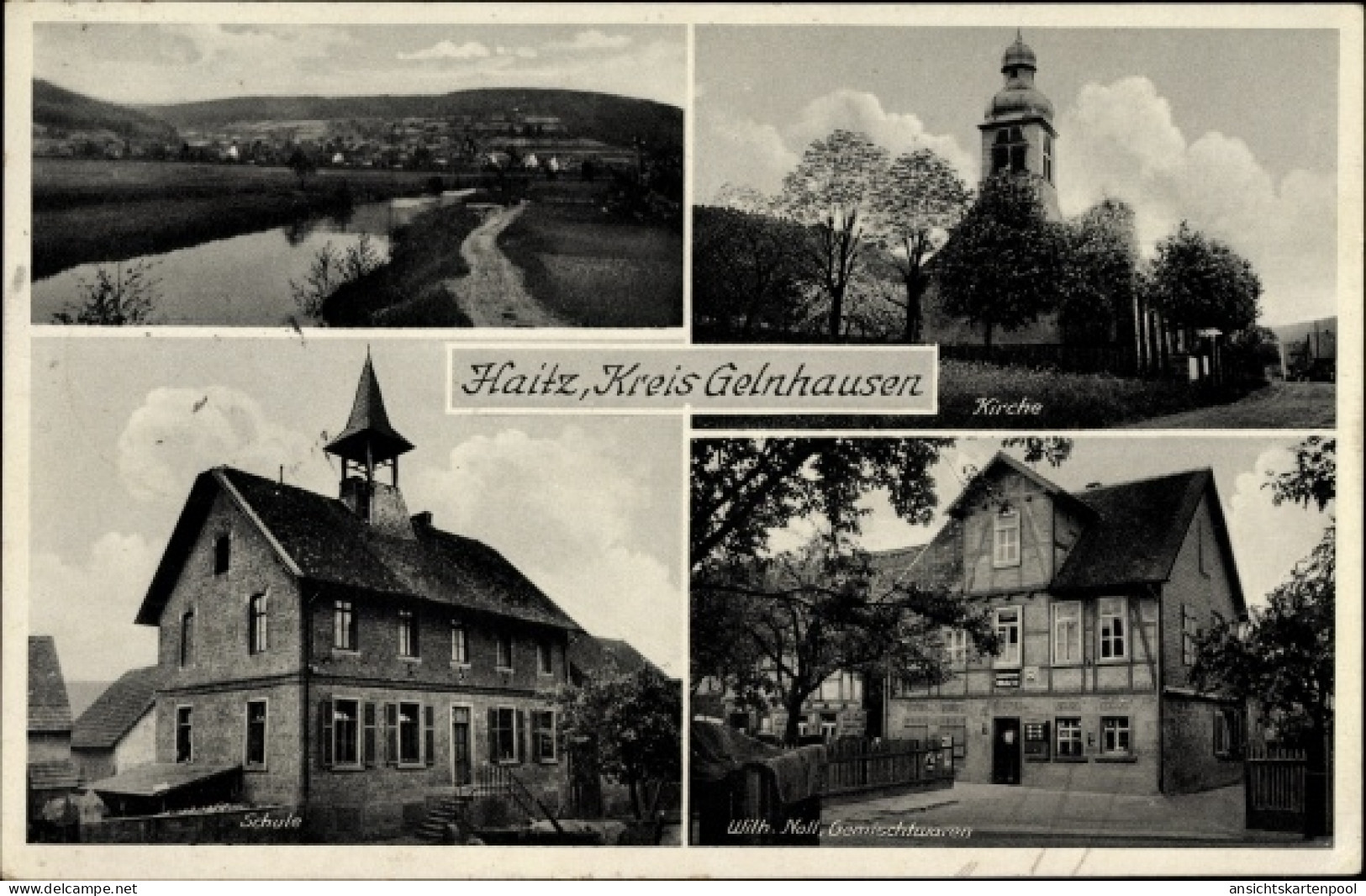 CPA Haitz Gelnhausen im Main Kinzig Kreis Hessen, Kirche, Schule, Gemischtwaren Wilh. Noll