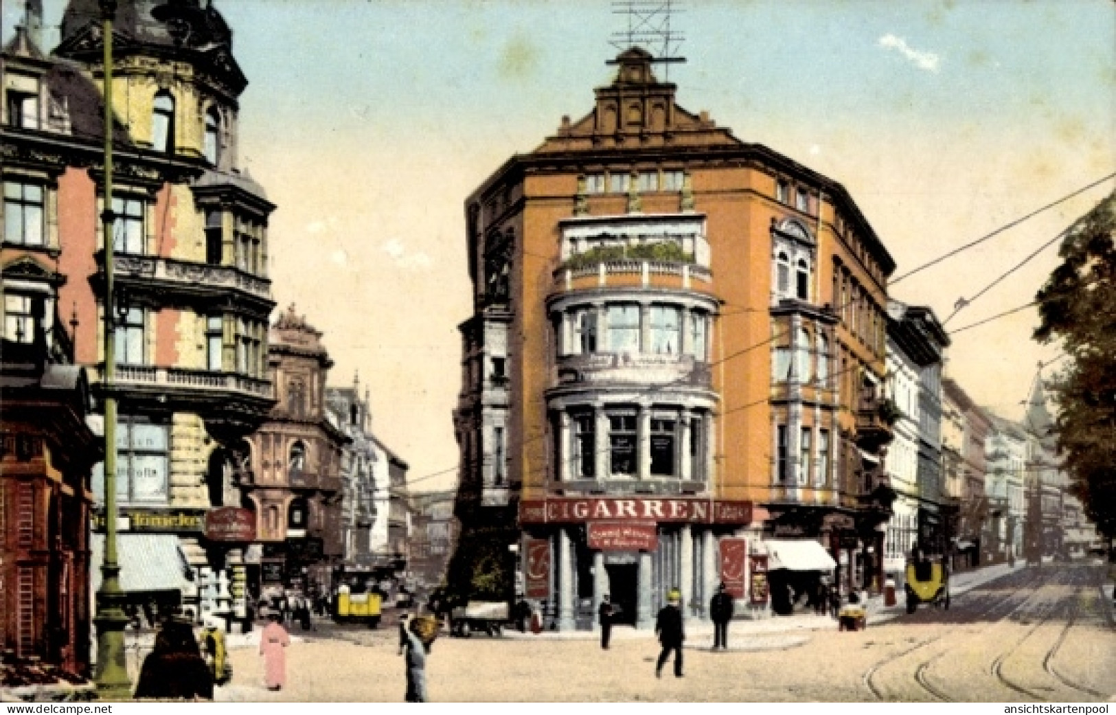CPA Halle an der Saale, Bunt kolorierte Ansicht des Garren, Ecke Leipziger und Poststraße, Persone