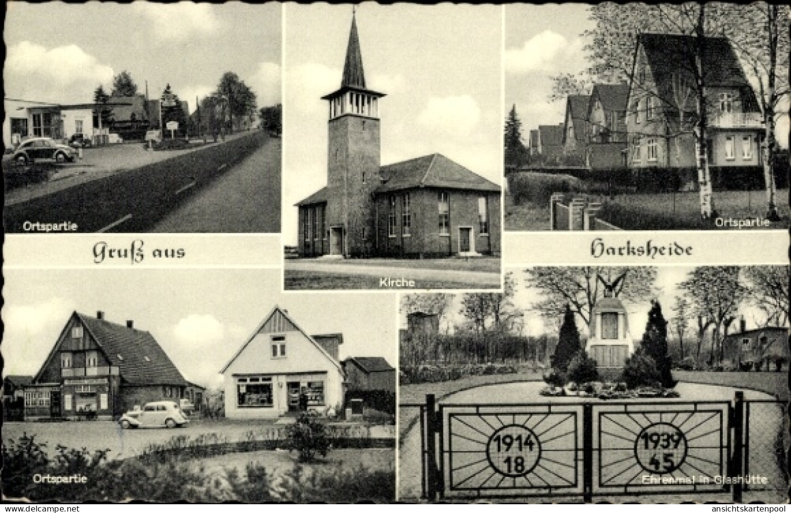 CPA Harksheide Norderstedt in Schleswig Holstein, Ortspartie, Kirche, Ehrenmal in Glashütte