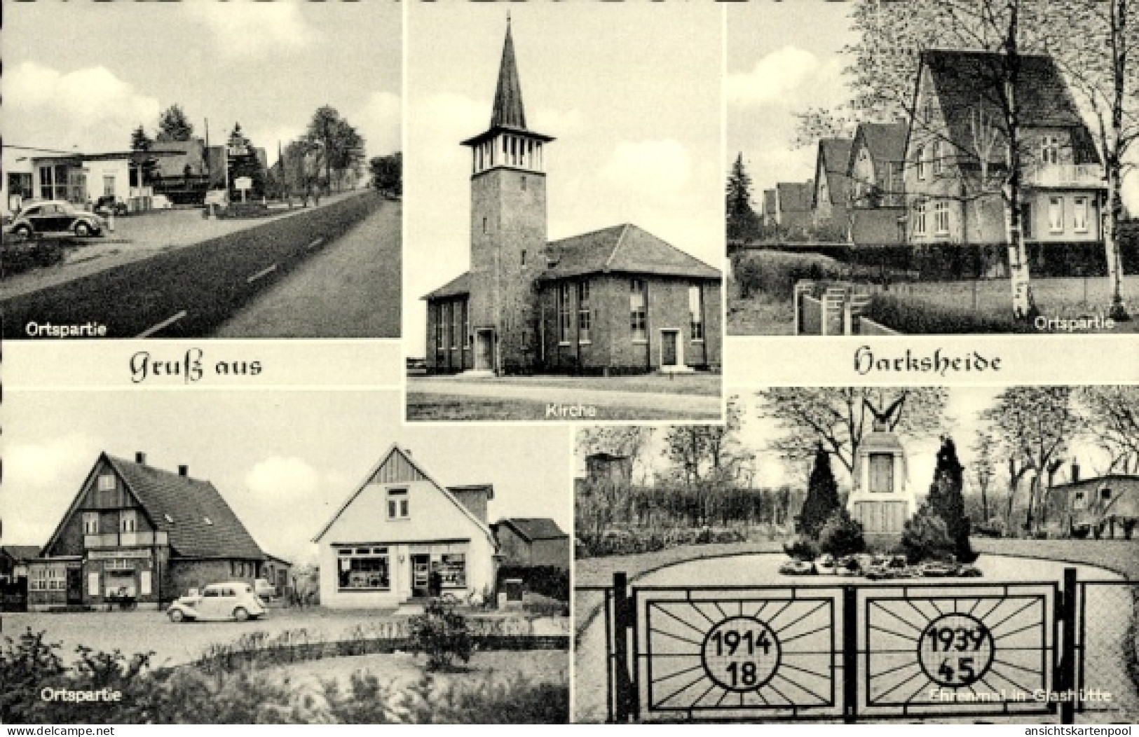 CPA Harksheide Norderstedt in Schleswig Holstein, Ortspartie, Kirche, Ehrenmal in Glashütte
