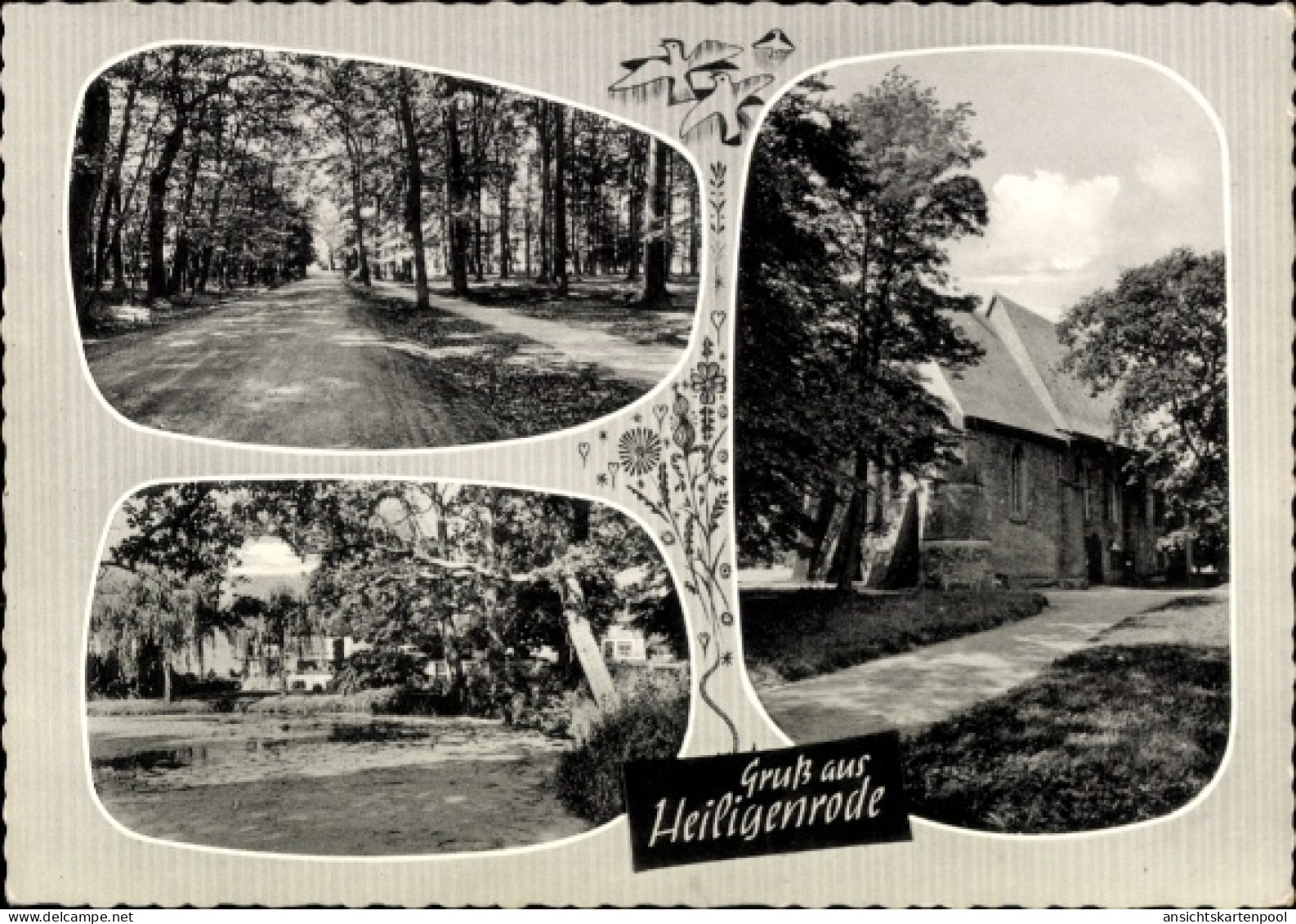 CPA Heiligenrode Stuhr in Niedersachsen, Kloster Heiligenrode, Kirche, Baumallee, Teich mit Häuse