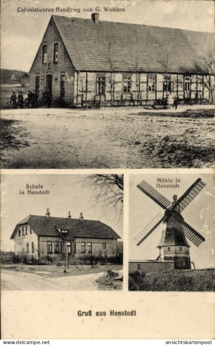 CPA Henstedt Ulzburg in Schleswig Holstein, Kolonialwarenhandlung, Schule, Windmühle