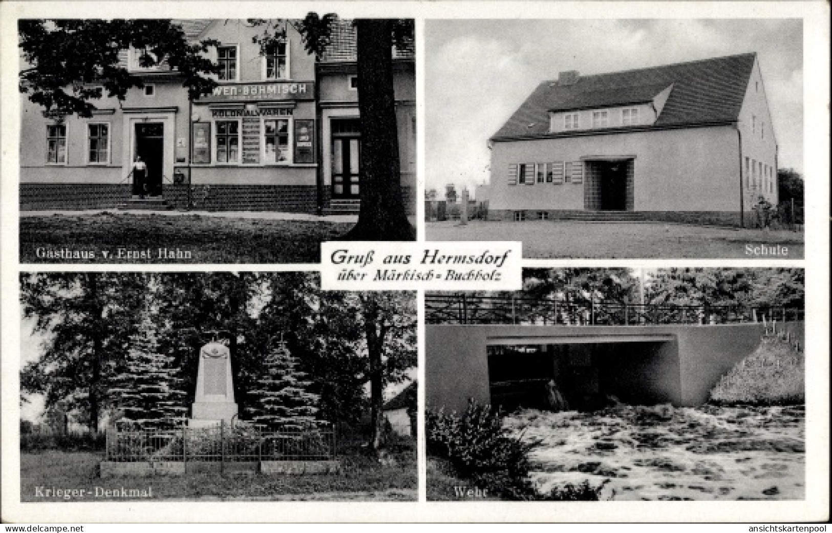 CPA Hermsdorf Münchehofe in Brandenburg, Gasthaus Ernst Hahn, Schule, Wehr, Kriegerdenkmal