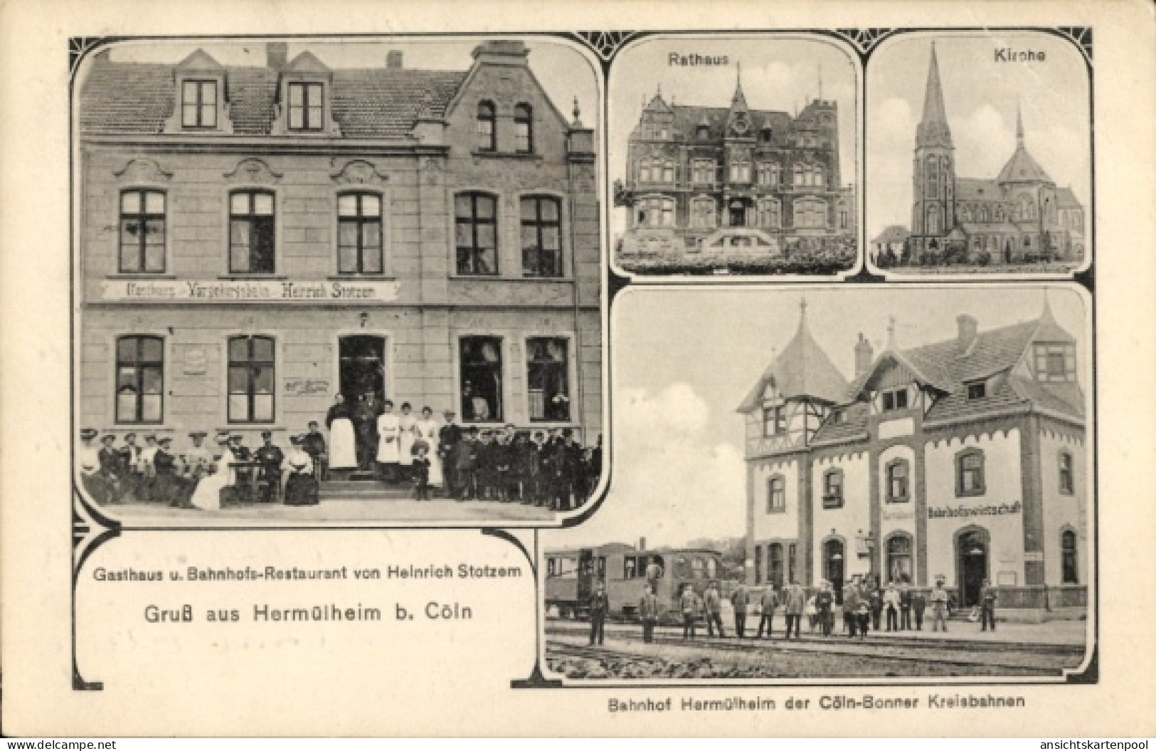 CPA Hermülheim Hürth, Gasthaus, Bahnhofsrestaurant Heinrich Stotzem, Bahnhof, Rathaus, Kirche