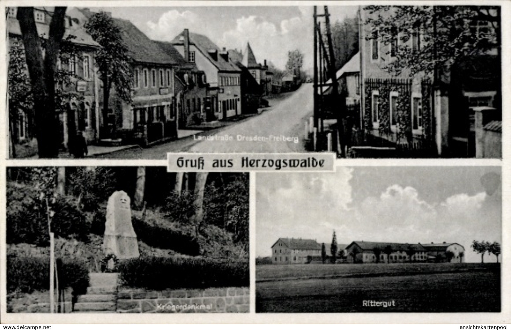 CPA Herzogswalde Wilsdruff Sachsen, Landstraße Dresden-Freiberg, Kriegerdenkmal, Rittergut