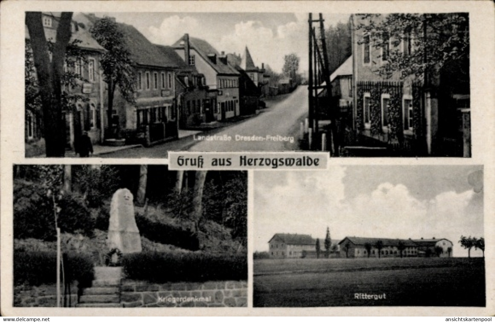 CPA Herzogswalde Wilsdruff Sachsen, Landstraße Dresden - Freiberg, Kriegerdenkmal, Rittergut
