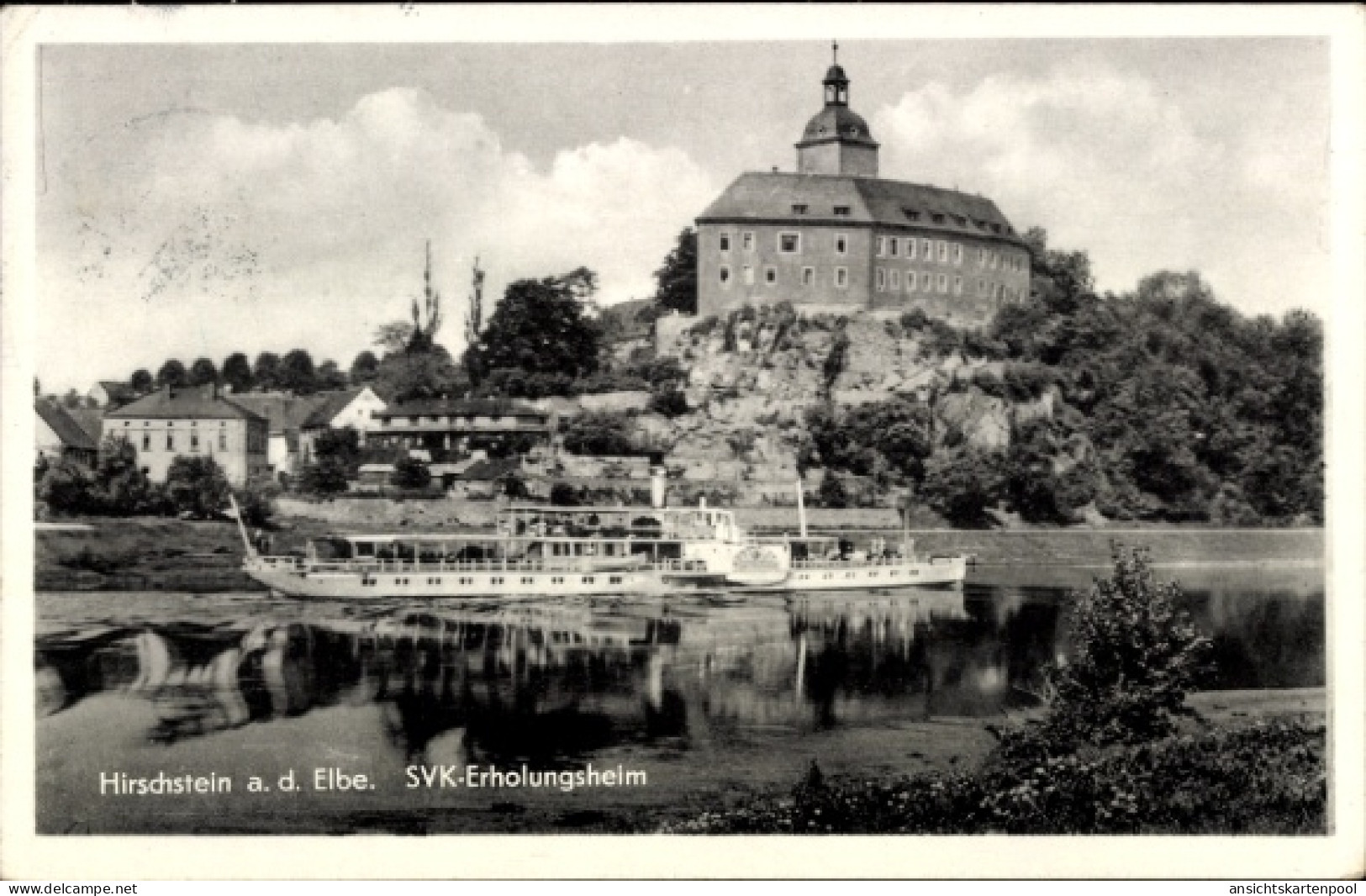 CPA Hirschstein an der Elbe Sachsen, Blick zum SVK Erholungsheim, Elbdampfer