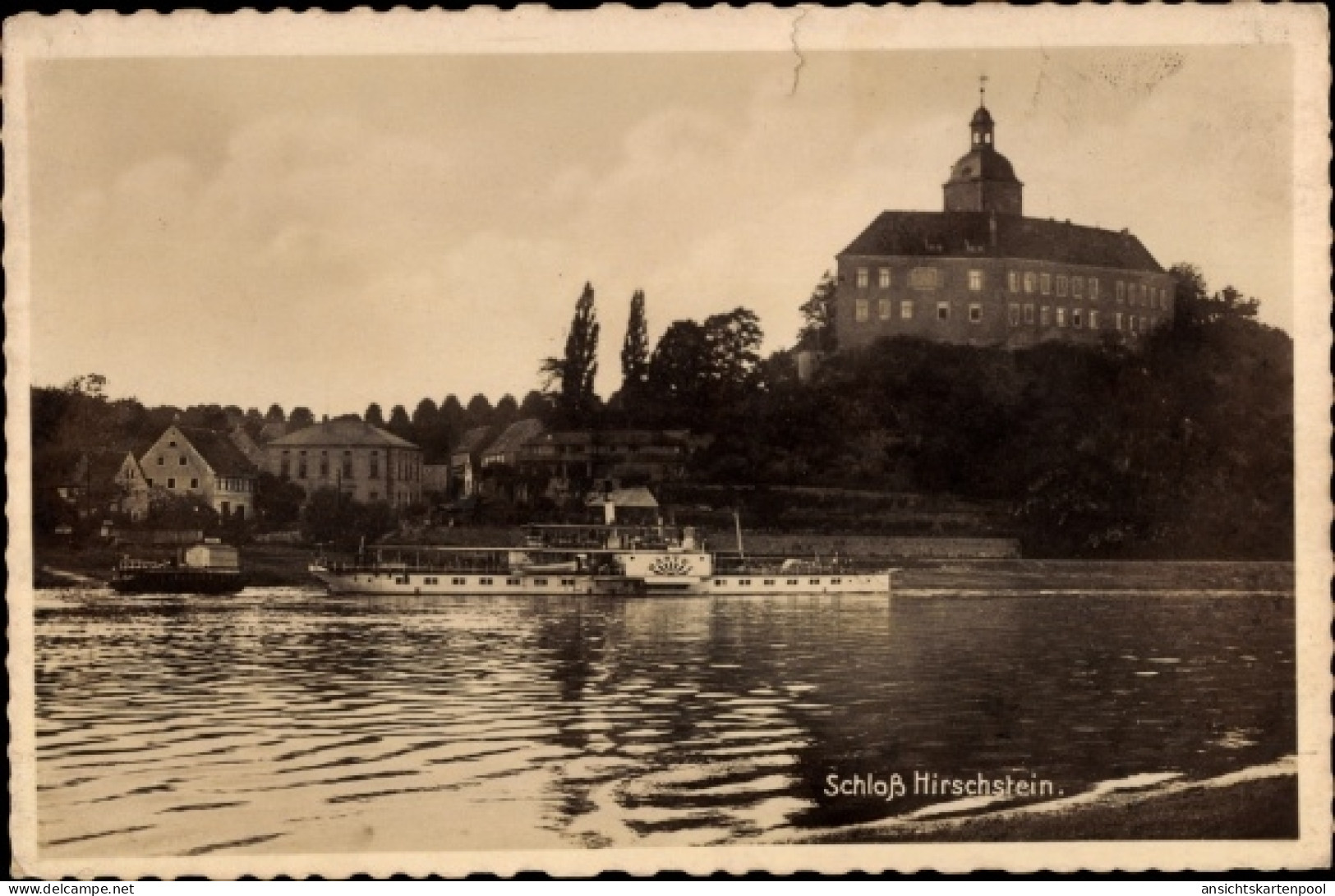 CPA Hirschstein in Sachsen, Oberdeckdampfer Bastei vor Schloss Hirschstein