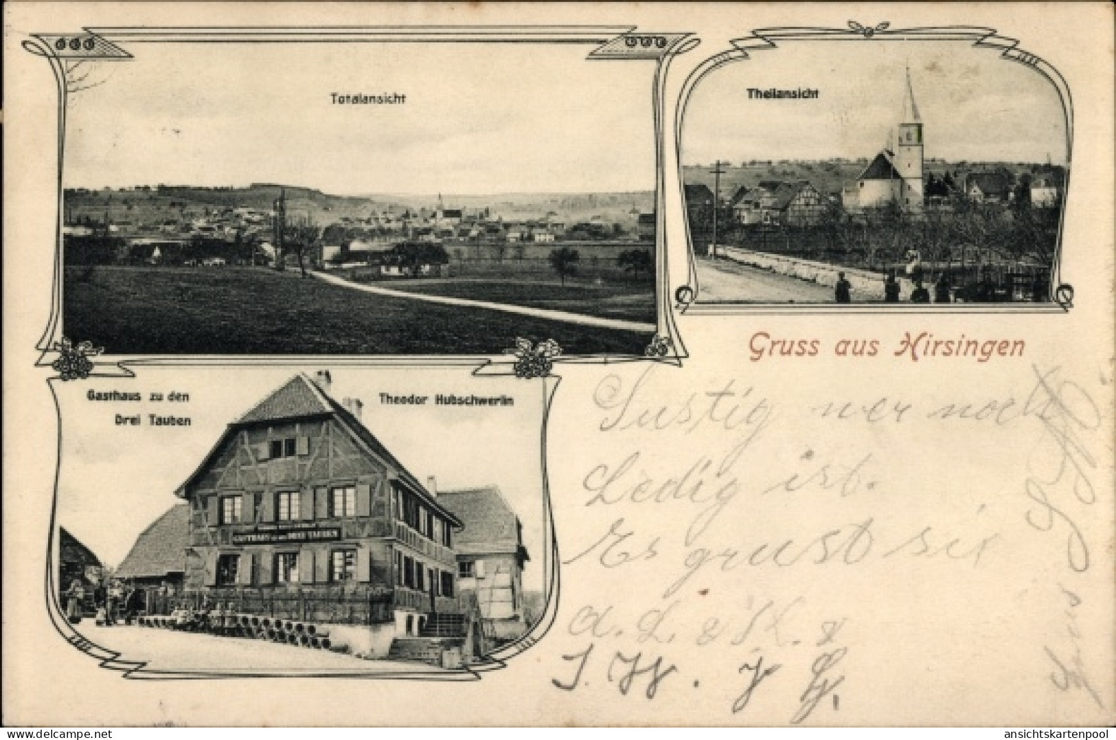 CPA Hirsingue Hirsingen Elsass Haut Rhin, Gasthaus zu den Drei Tauben, Totalansicht