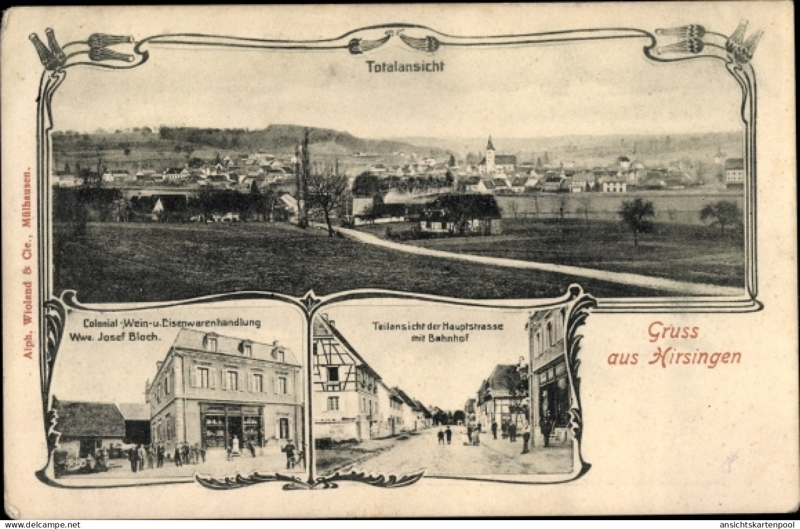 CPA Hirsingue Hirsingen Elsass Haut Rhin, Geschäftshaus Wwe. Josef Bloch, Hauptstraße, Bahnhof