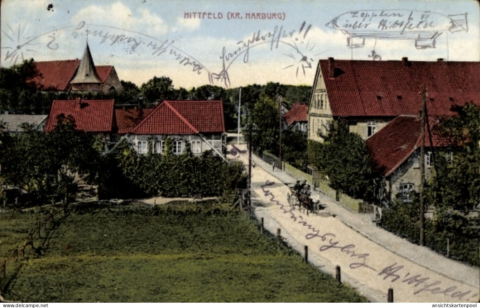 CPA Hittfeld Seevetal in Niedersachsen, Teilansicht, Straße, Kirche