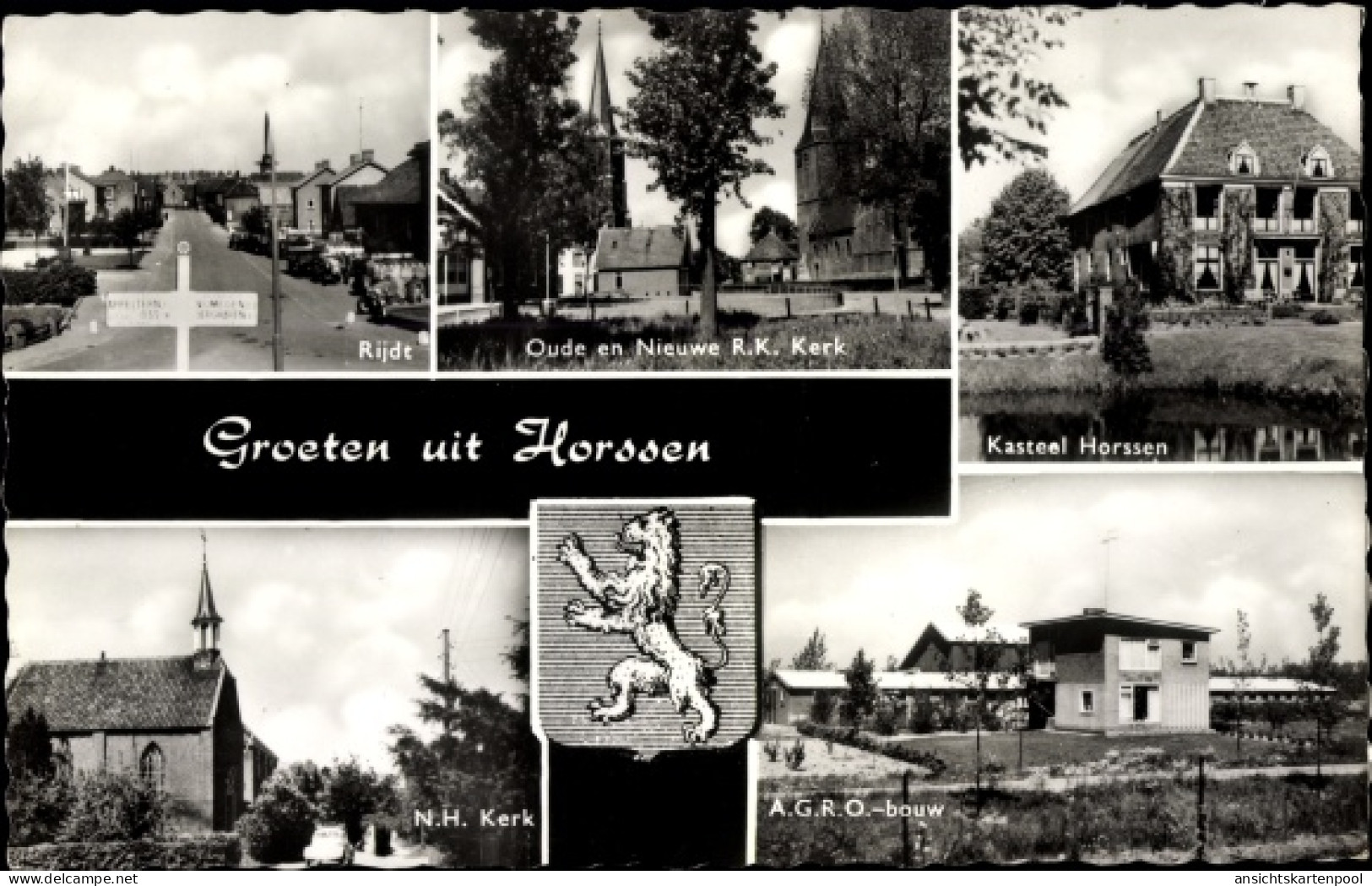 CPA Horssen Druten Gelderland Niederlande, Rijdt, R. K. Kerk, Kasteel Horssen, A.G.R.O. bouw
