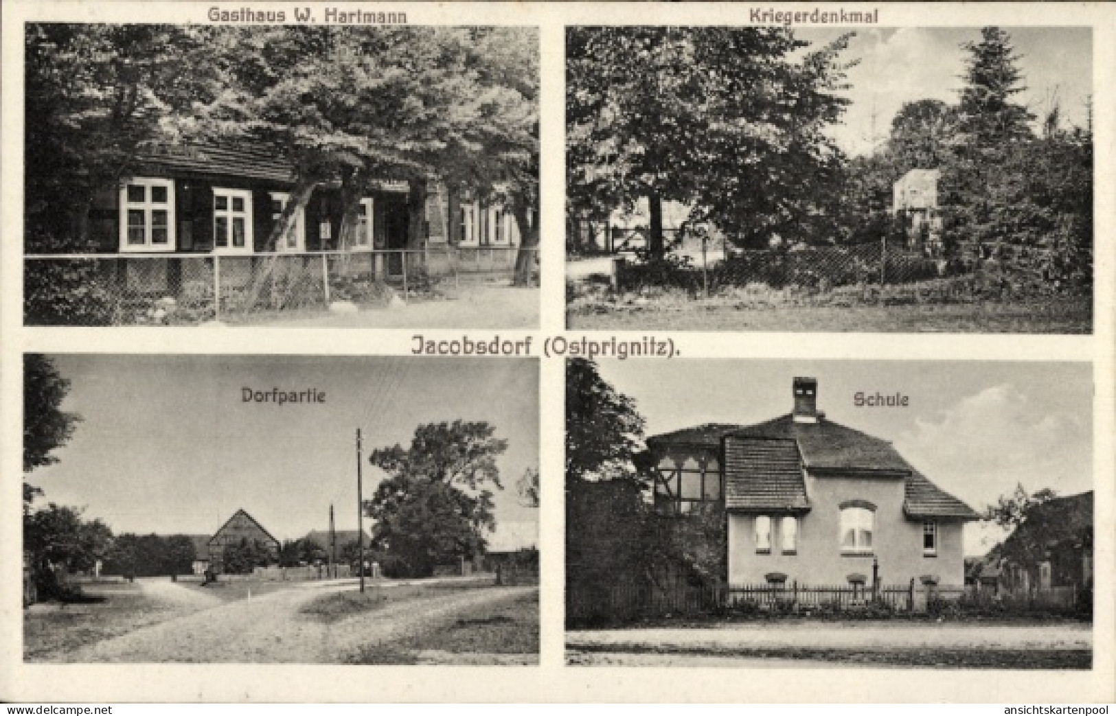 CPA Jacobsdorf Jakobsdorf Putlitz in der Prignitz, Gasthaus, Kriegerdenkmal, Dorfstraße, Schule