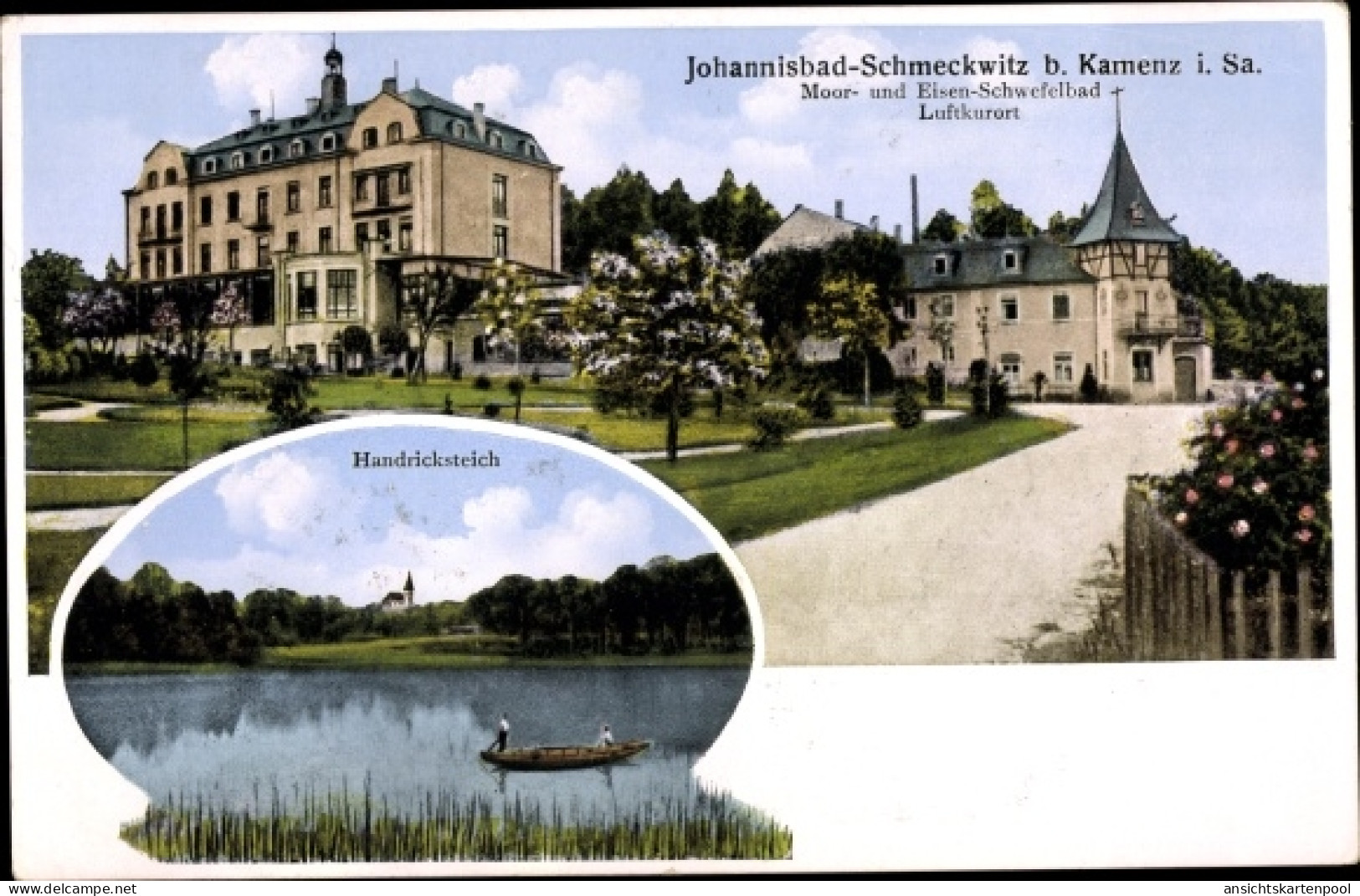 CPA Johannisbad Schmeckwitz Räckelwitz Oberlausitz, Handricksteich, Moor- und Eisen-Schwefelbad
