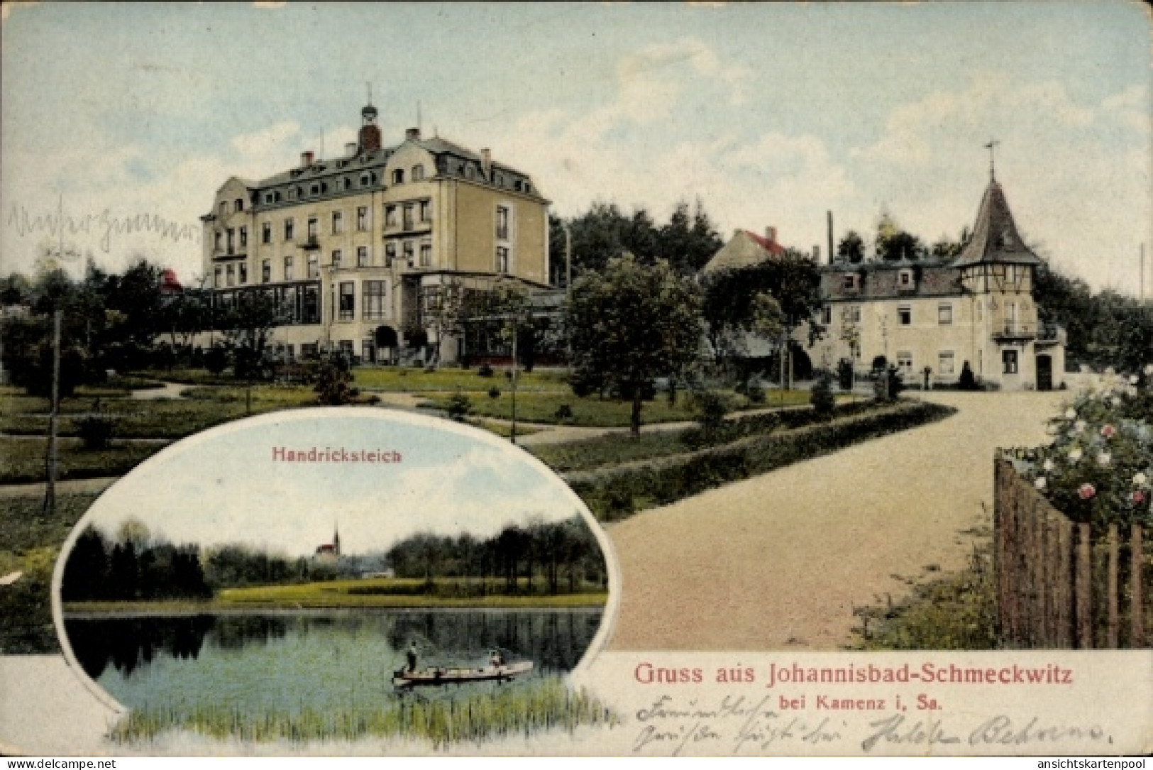 CPA Johannisbad Schmeckwitz Räckelwitz Oberlausitz, Handricksteich, Moor- und Eisenschwefelbad