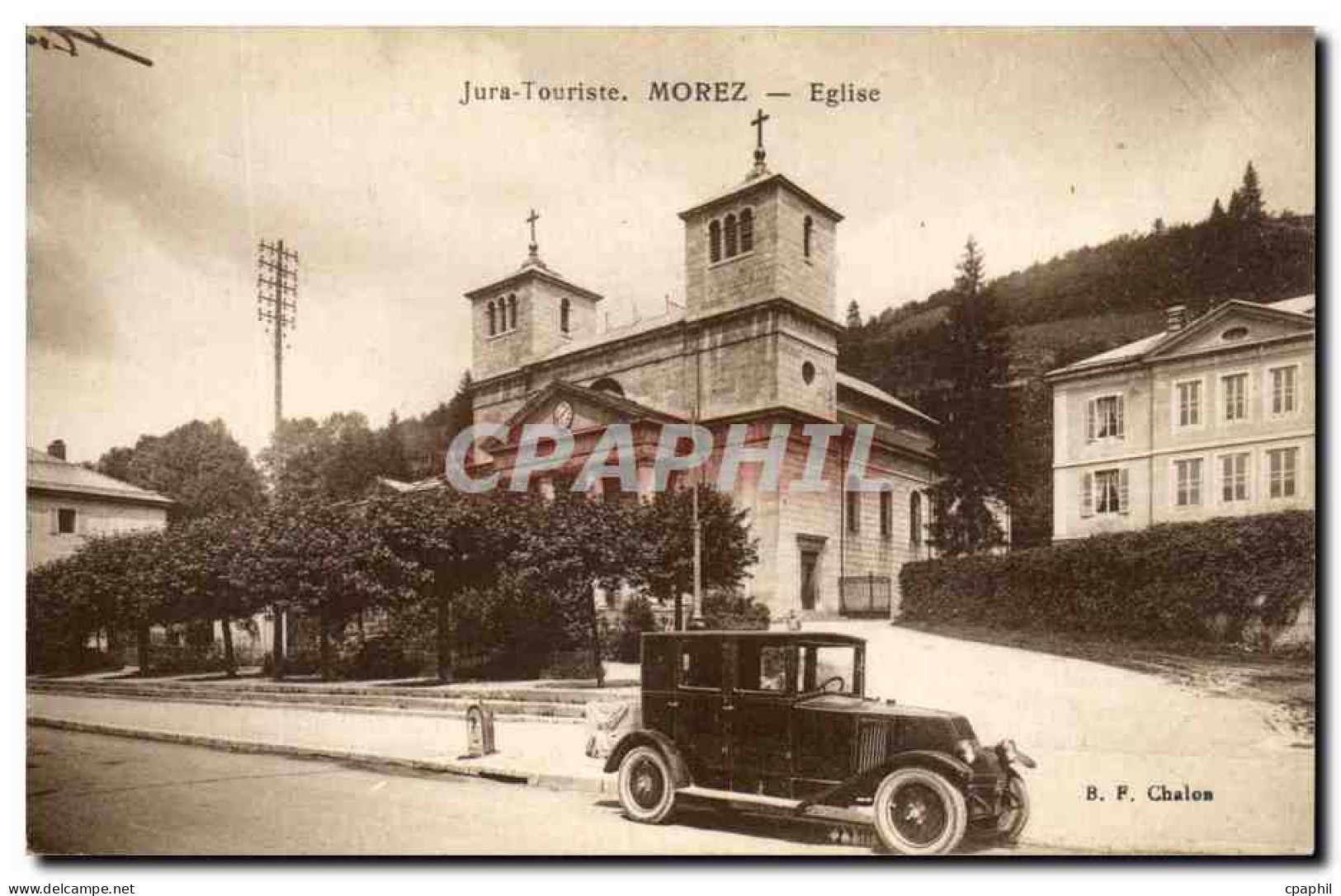 CPA Jura Touriste Morez Eglise Automobile