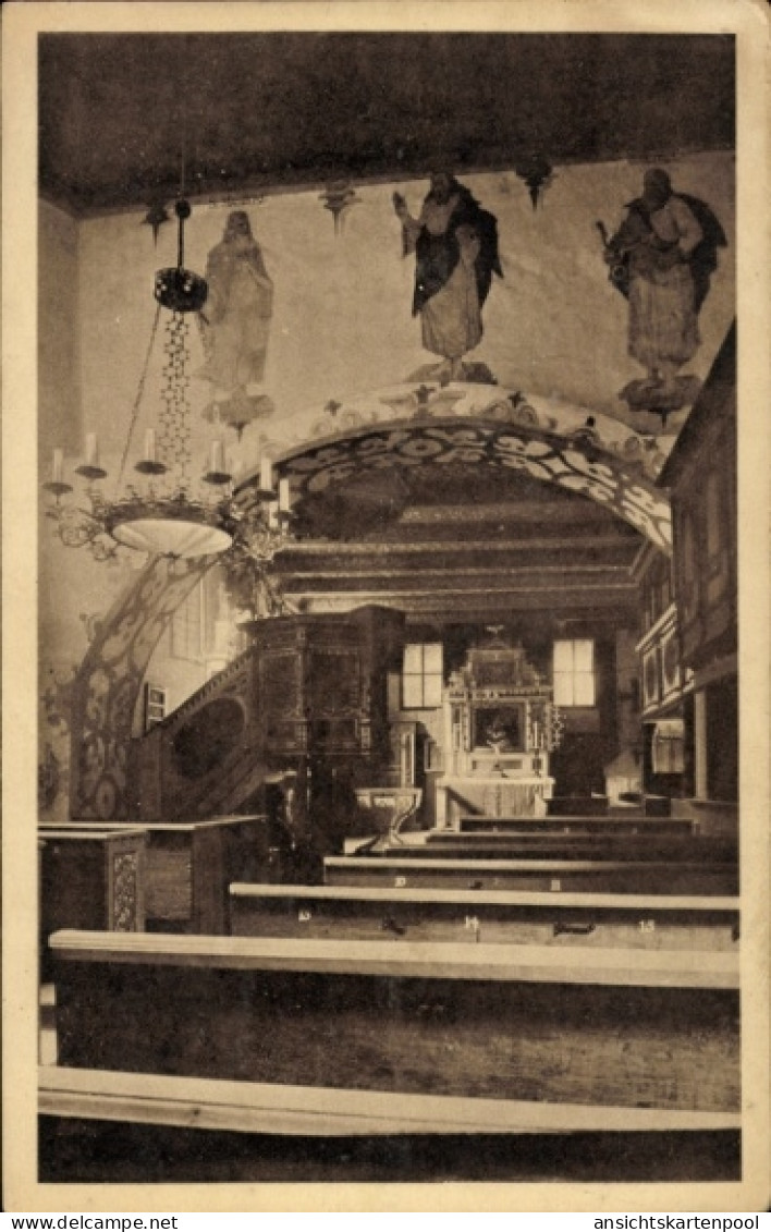 CPA Ketzür Butzow im Havelland, Innenraum mit Altar, Kanzel, Holz-Bänke, Wandbilder, Kronleuchter
