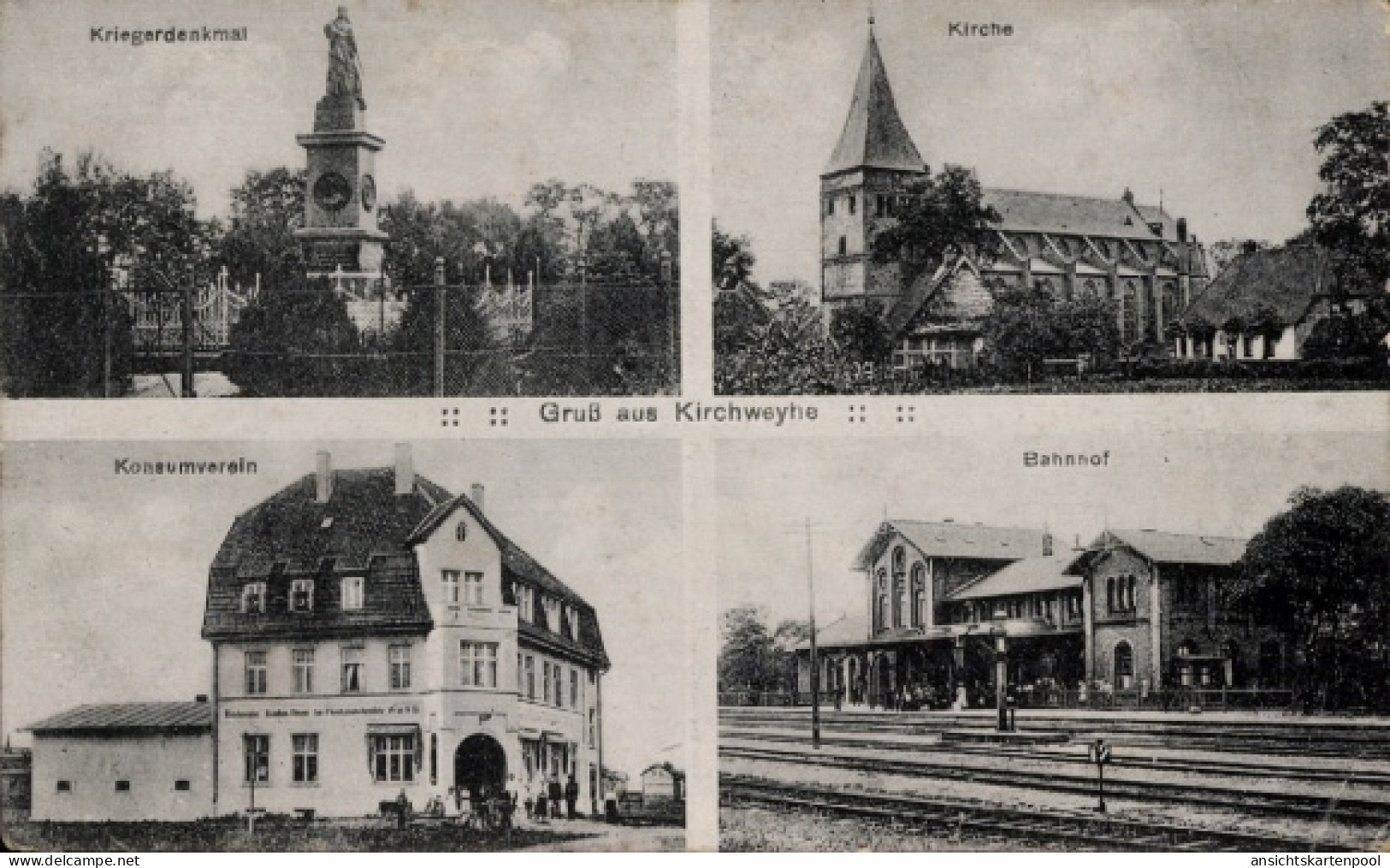 CPA Kirchweyhe Weyhe Niedersachsen, Kriegerdenkmal, Kirche, Konsumverein, Bahnhof, Gleisseite