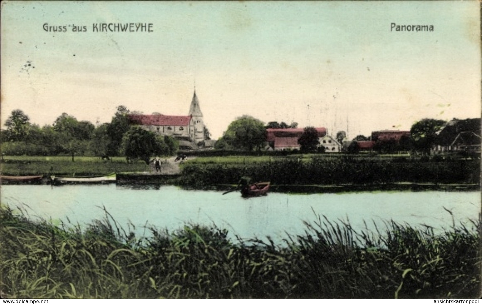 CPA Kirchweyhe Weyhe Niedersachsen, Panoramaansicht, Kirche, Wasser, Boote, Bäume