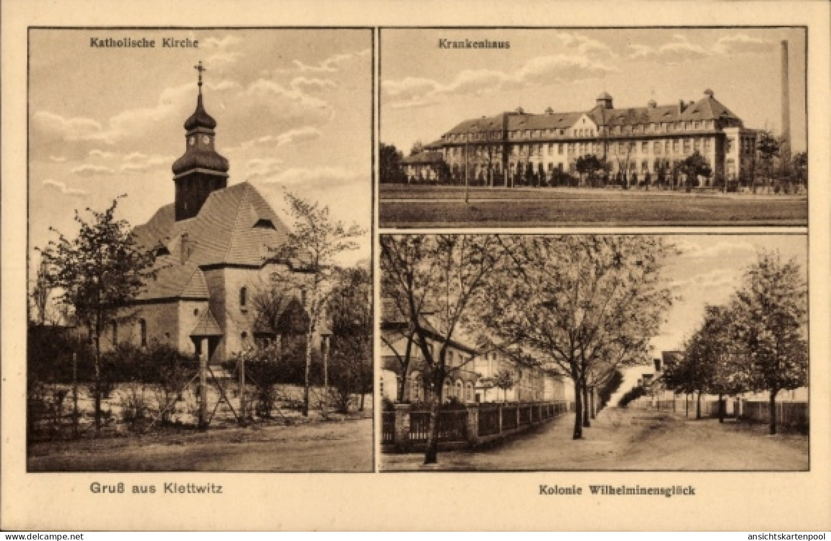 CPA Klettwitz Schipkau in der Niederlausitz, Kath. Kirche, Krankenhaus, Kolonie Wilhelminenglück
