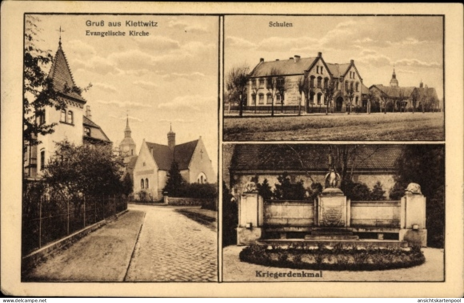 CPA Klettwitz Schipkau Oberspreewald Lausitz, Schule, Evangel. Kirche, Kriegerdenkmal