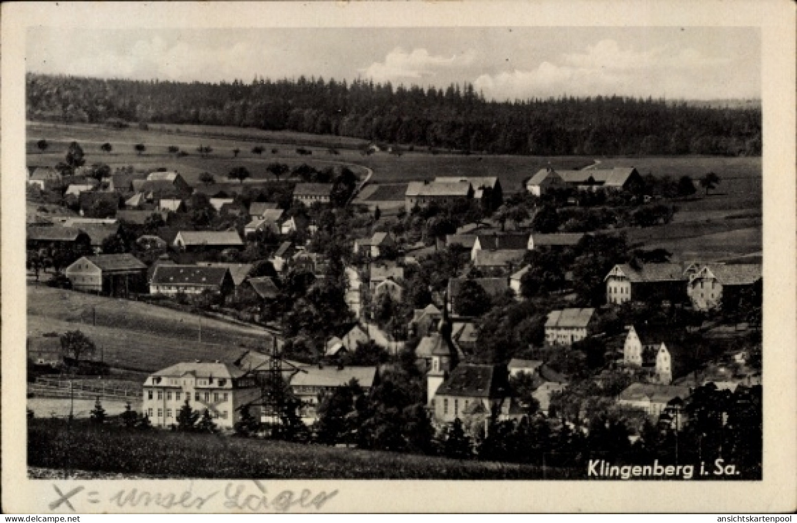 CPA Klingenberg im Erzgebirge Sachsen, Landschaftsaufnahme, Häuser, Bäume, Felder