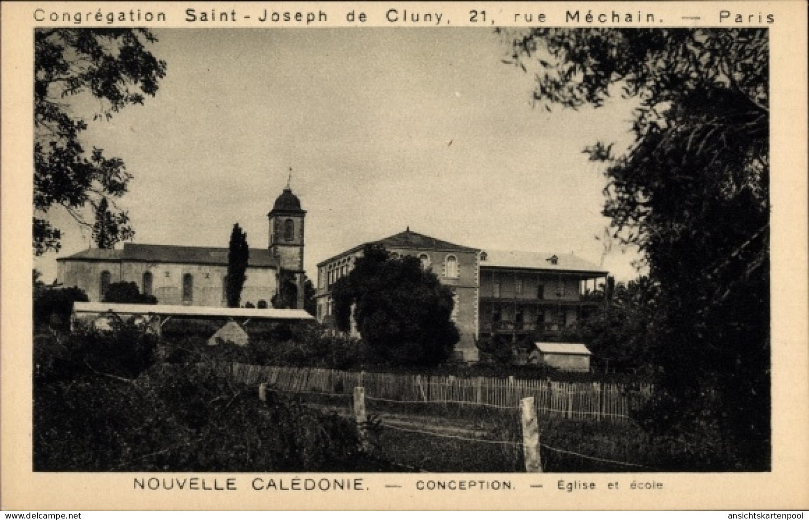 CPA La Conception Neukaledonien, Eglise et ecole, Congregation Saint Joseph de Cluny