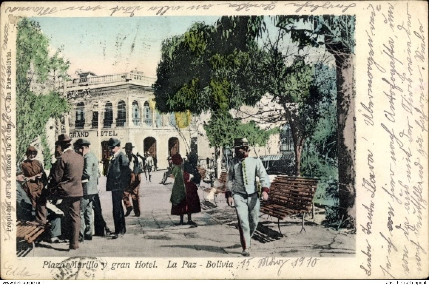 CPA La Paz Bolivien, Plaza Marillo y Grand Hotel