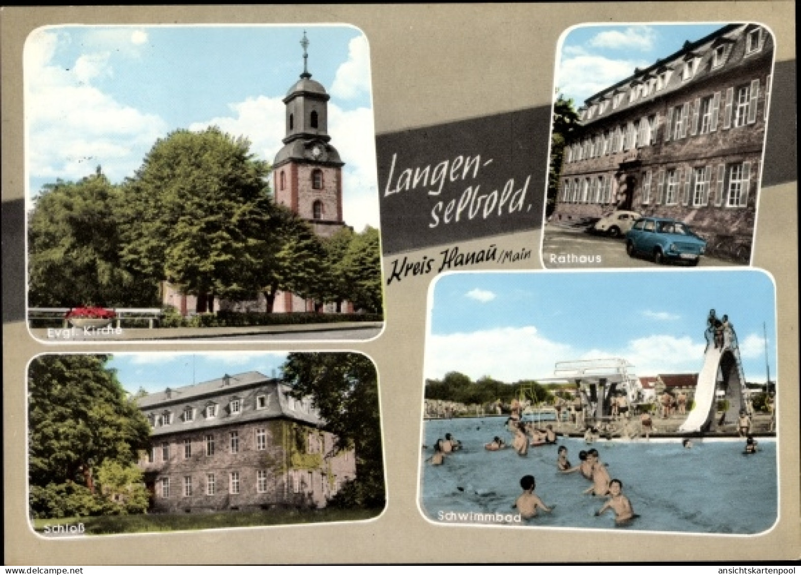 CPA Langenselbold in Hessen, Ev. Kirche, Rathaus, Schloss, Schwimmbad
