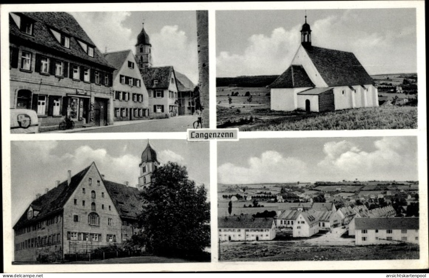 CPA Langenzenn in Bayern, Ortspartie, Geschäft, Kirche, Teilansicht