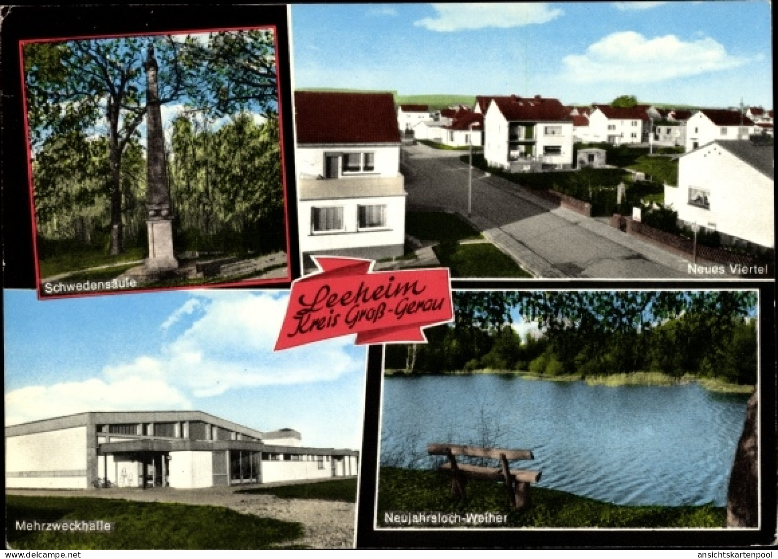 CPA Leeheim Riedstadt Hessen, Schwedensäule, Neues Viertel, Mehrzweckhalle, Neujahrsloch Weiher