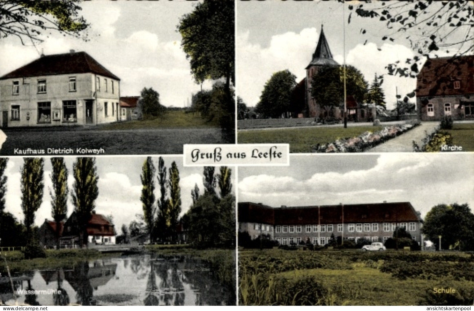 CPA Leeste Weyhe Niedersachsen, Kirche, Wassermühle, Schule, Kaufhaus