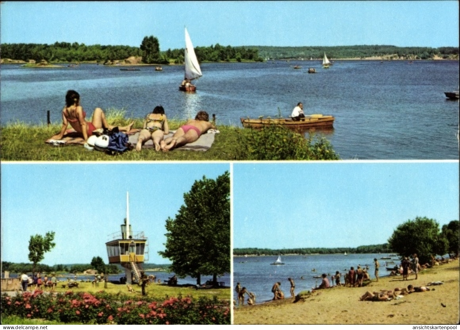 CPA Lohsa in der Oberlausitz, Knappensee, Badegäste, Boote
