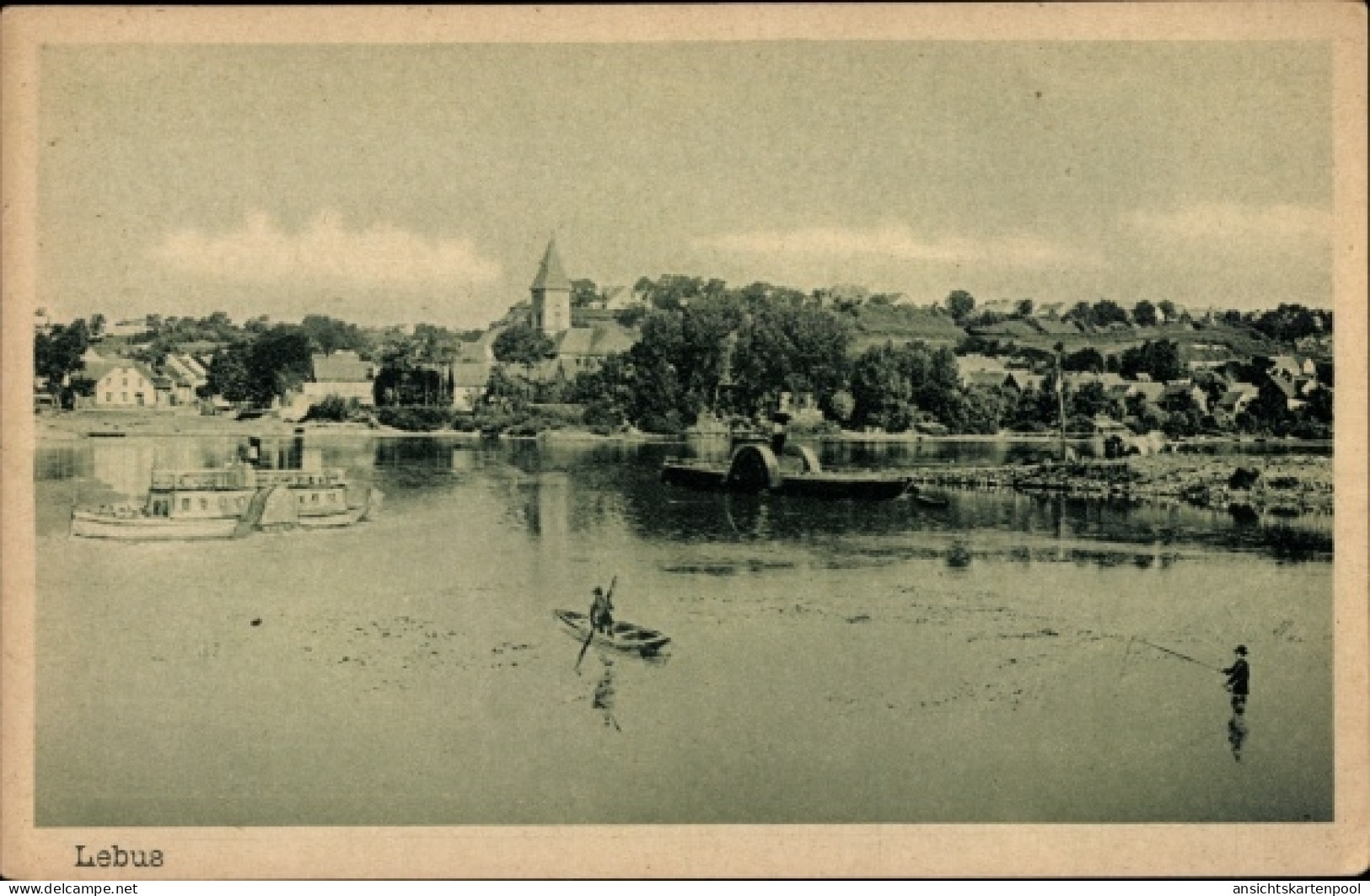 CPA Lubrza Lebus Ostbrandenburg, Blick auf den Ort, Angler im Wasser