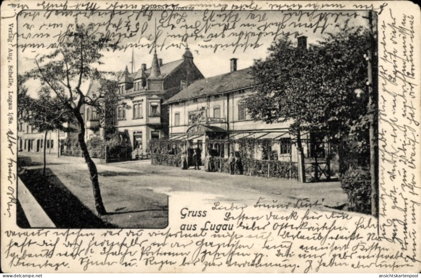 CPA Lugau im Erzgebirge, mit Häusern, Bäumen, Grußtext, Verlag Aug. Schelle, Lagau