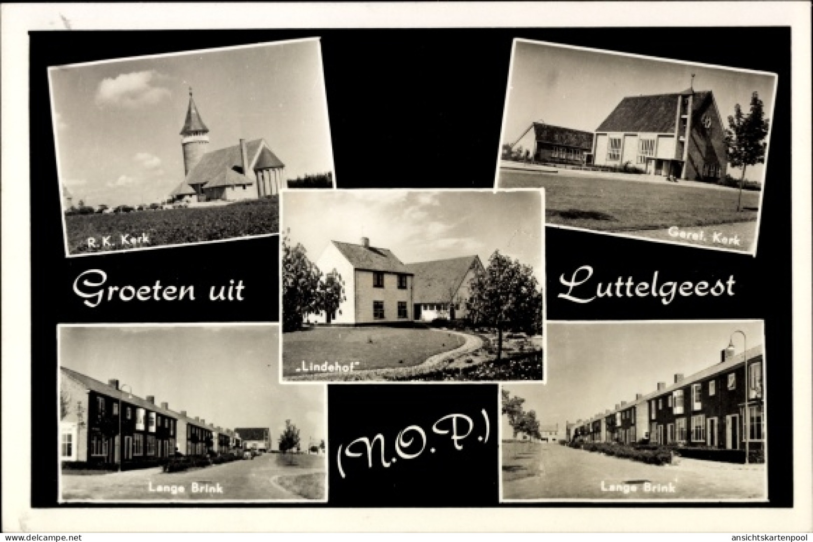 CPA Luttelgeest Noordoostpolder Flevoland, Groeten uit Luttelgeest, Kerken, Lange Brink, Lindehof