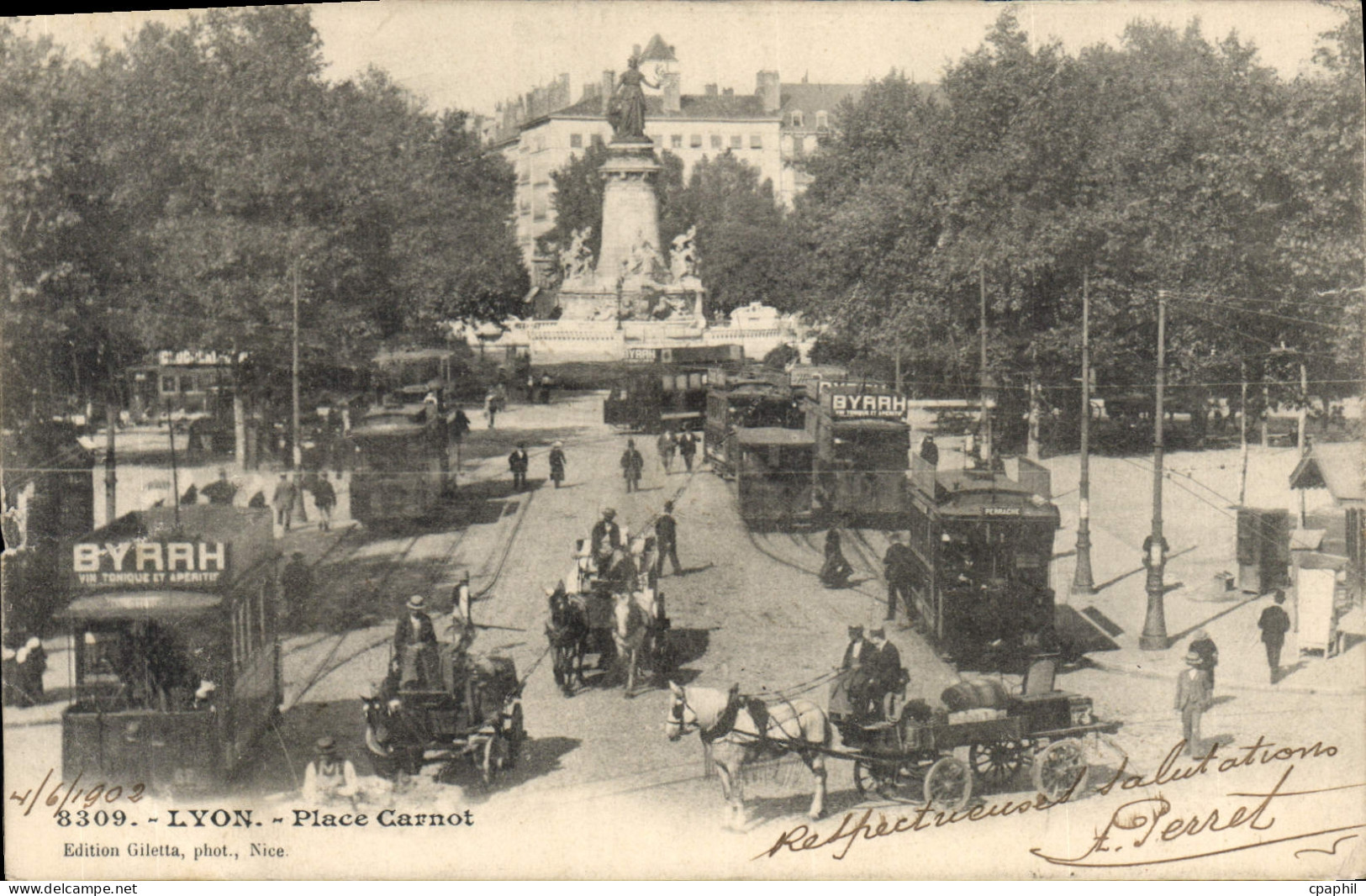 CPA Lyon Place Carnot Tramways