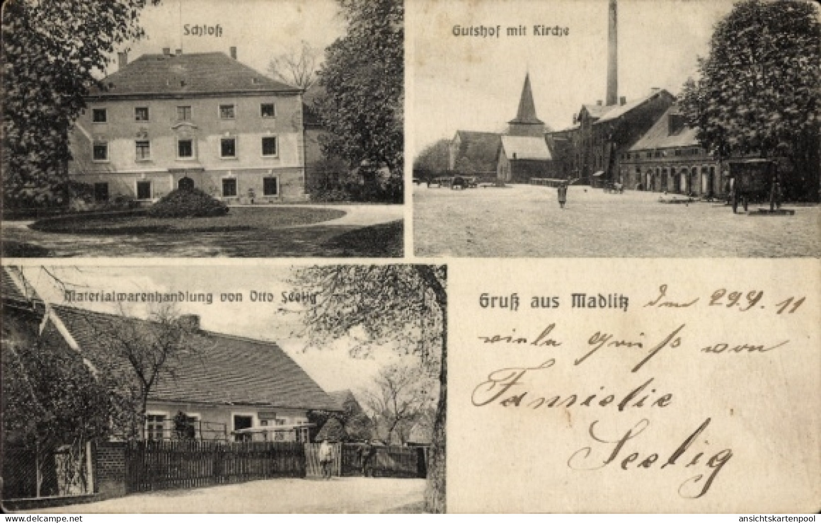 CPA Madlitz Wilmersdorf Briesen in der Mark, Schloss, Gutshof, Kirche, Materialwarenhandlung