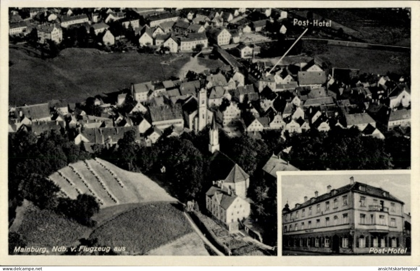 CPA Mainburg im Hallertau Niederbayern, Luftaufnahme von Post-Hotel, Wohngebäude, Felder