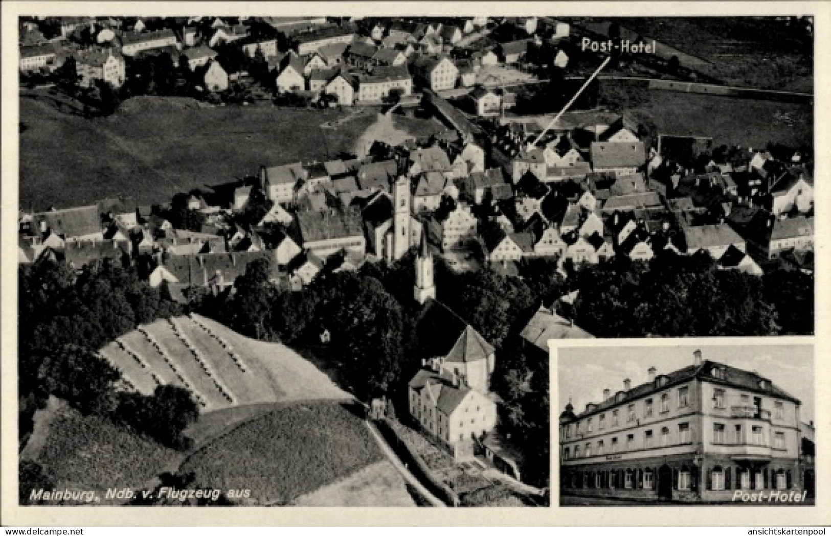 CPA Mainburg in der Hallertau Niederbayern, Fliegeraufnahme, Post-Hotel