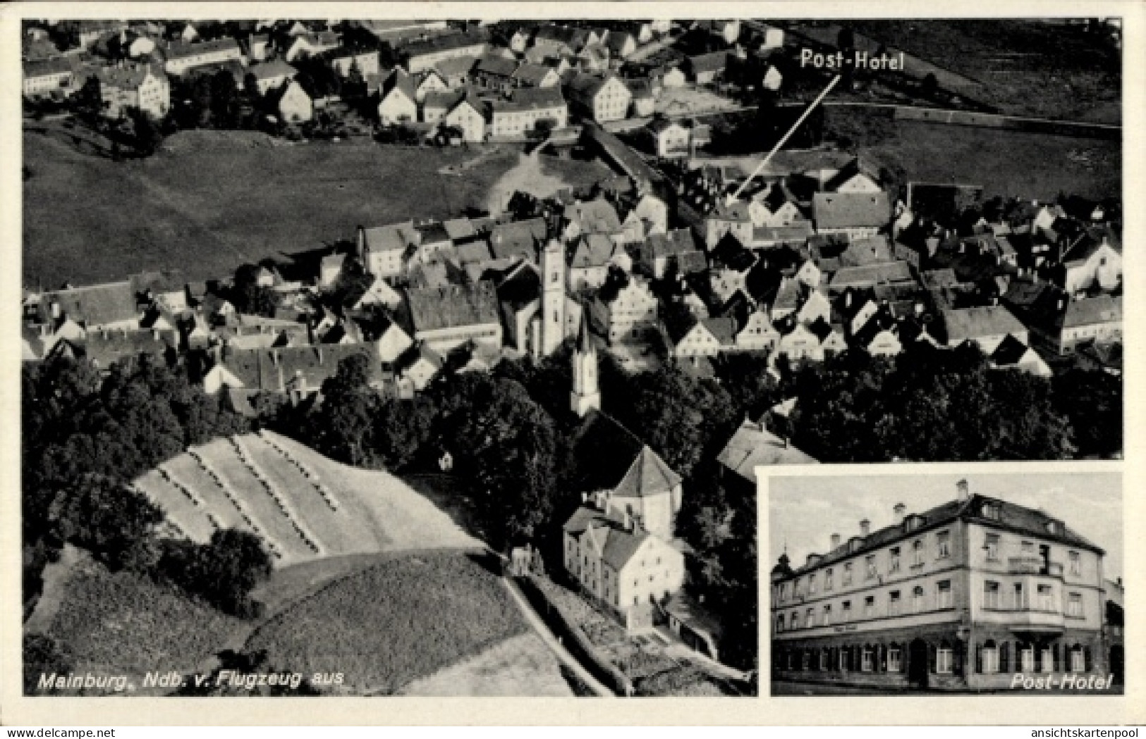 CPA Mainburg in der Hallertau Niederbayern, Fliegeraufnahme, Post Hotel