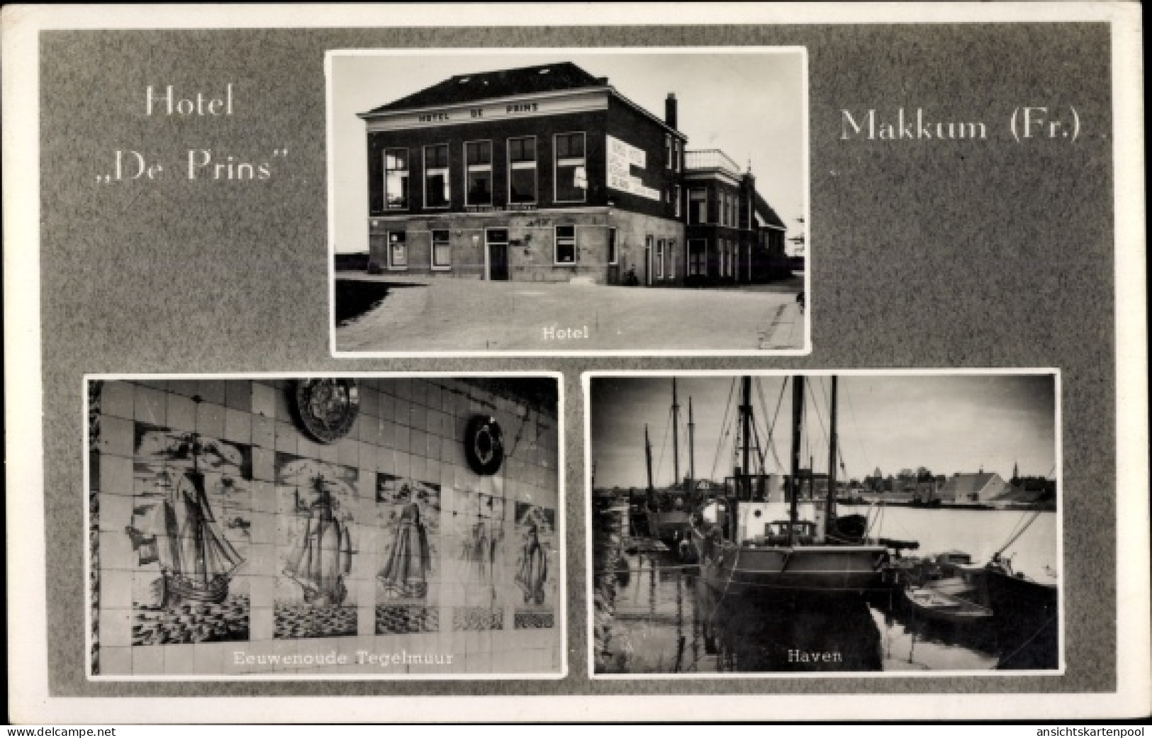 CPA Makkum Friesland Niederlande, Hotel De Prins, Haven, Eeuwenoude Tegelmuur