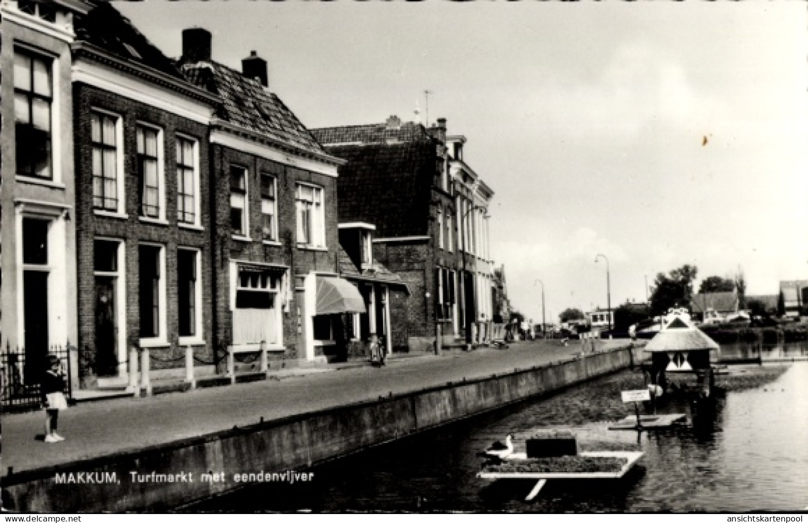 CPA Makkum-Friesland Niederlande, Rasenmarkt mit Ententeich