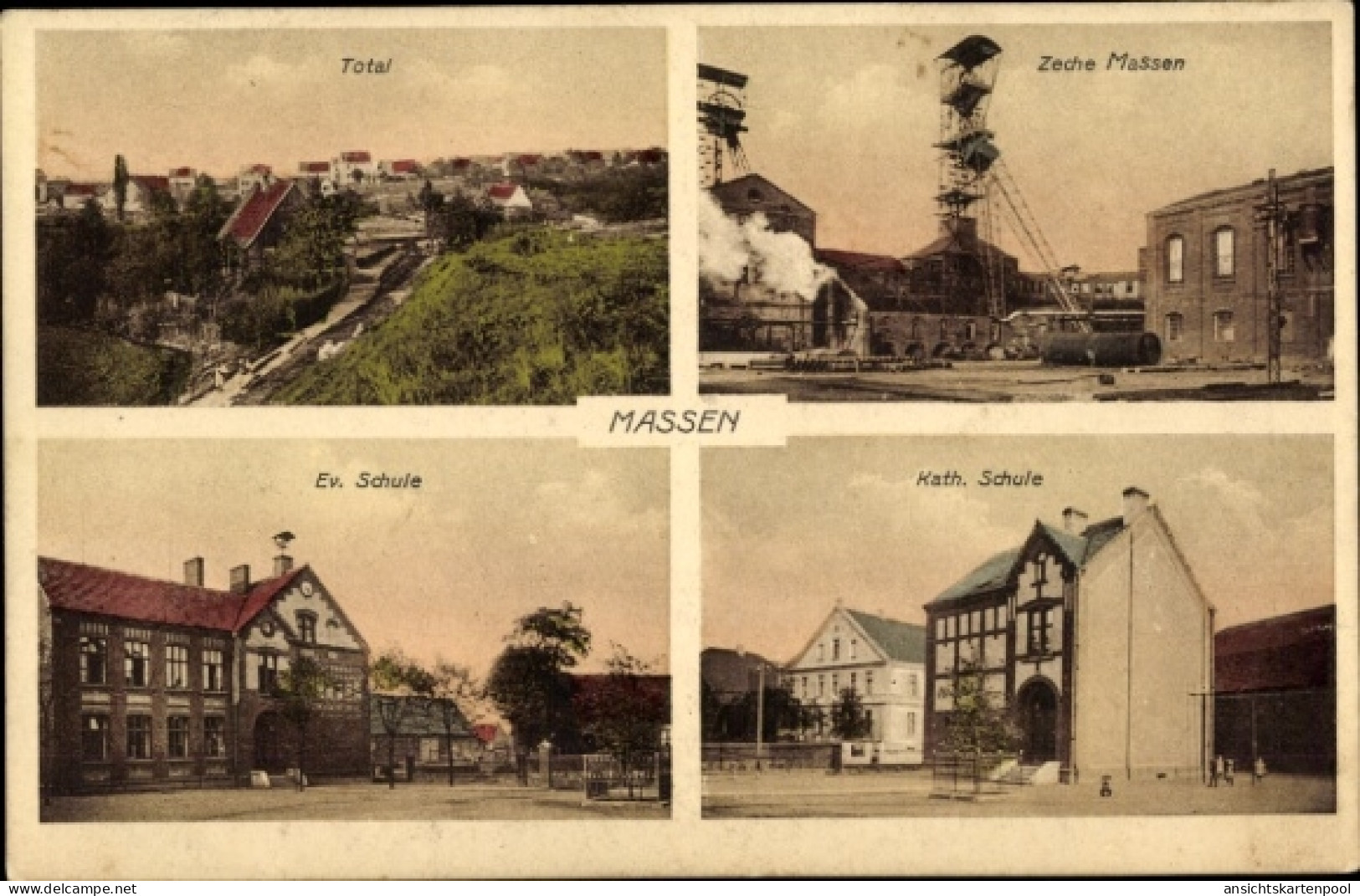 CPA Massen Unna im Ruhrgebiet, Zeche Massen, Ev. Schule, Kath. Schule, Totalansicht