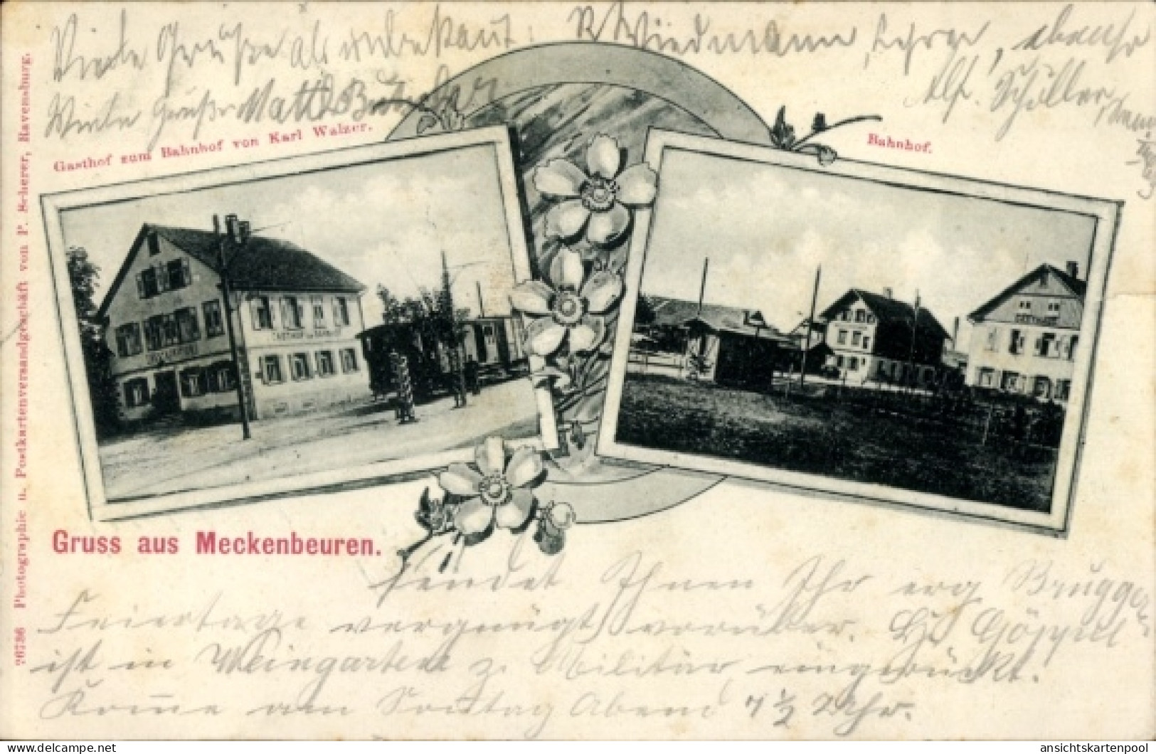 CPA Meckenbeuren in Oberschwaben Württemberg, Gasthof zum Bahnhof, Bahnhof