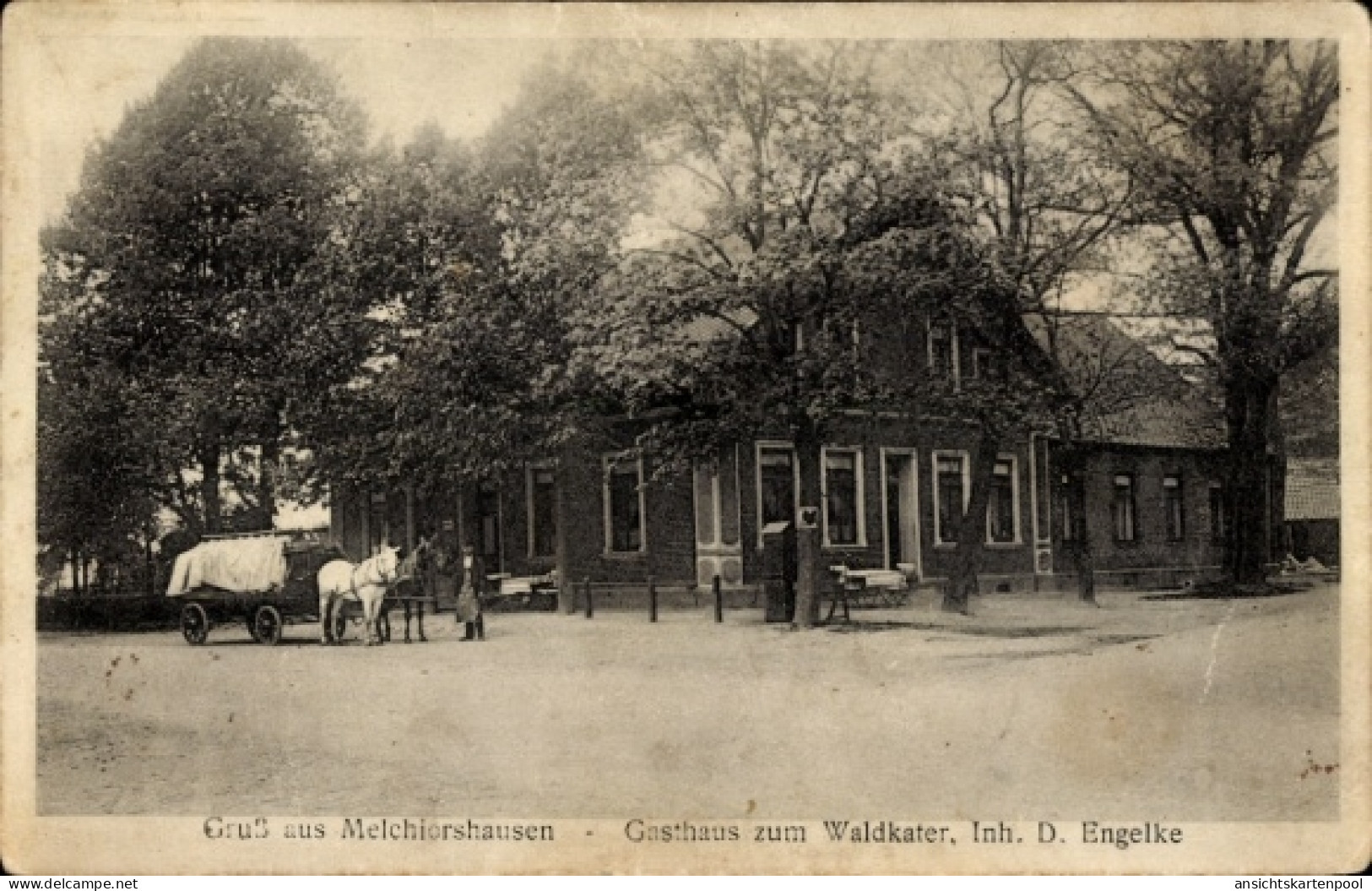 CPA Melchiorshausen Weyhe , Gasthaus zum Waldkater, Pferdewagen, Bäume, Melchiorshausen
