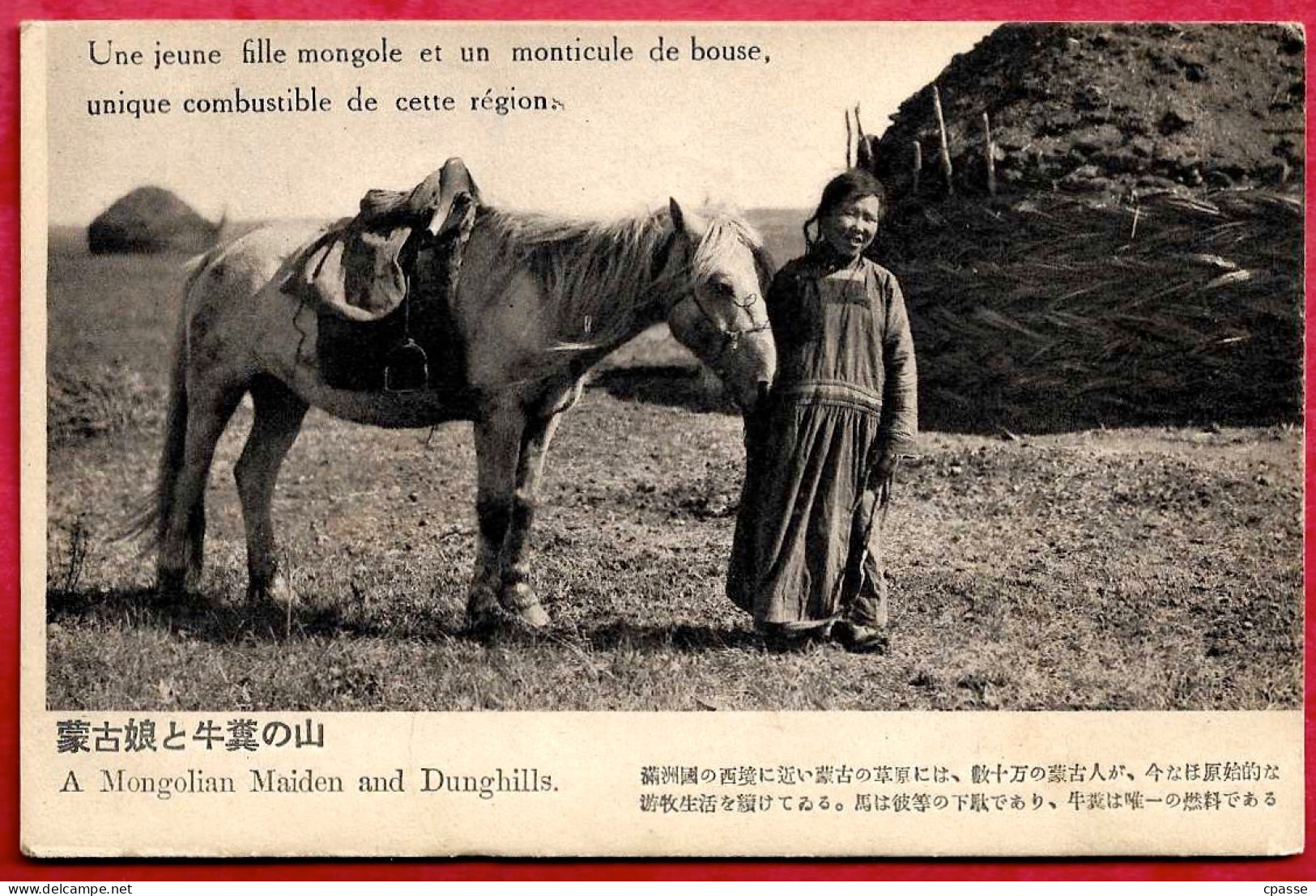 CPA Mongolie Mongolia - A mongolian Maiden and Dunghills - Un monticule de bouse (sert en combustible)